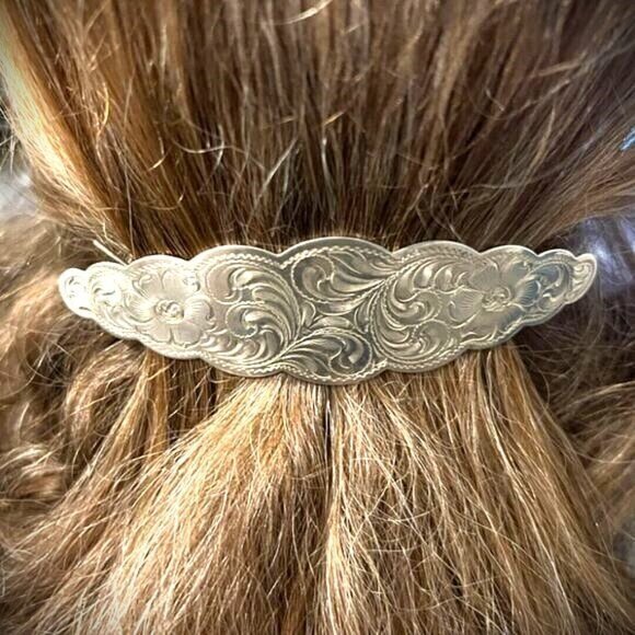 Hair Barrette - Classic Diablo! Vintage Western Tooled Sterling‎ Silver Engraved - Picture 3 of 9